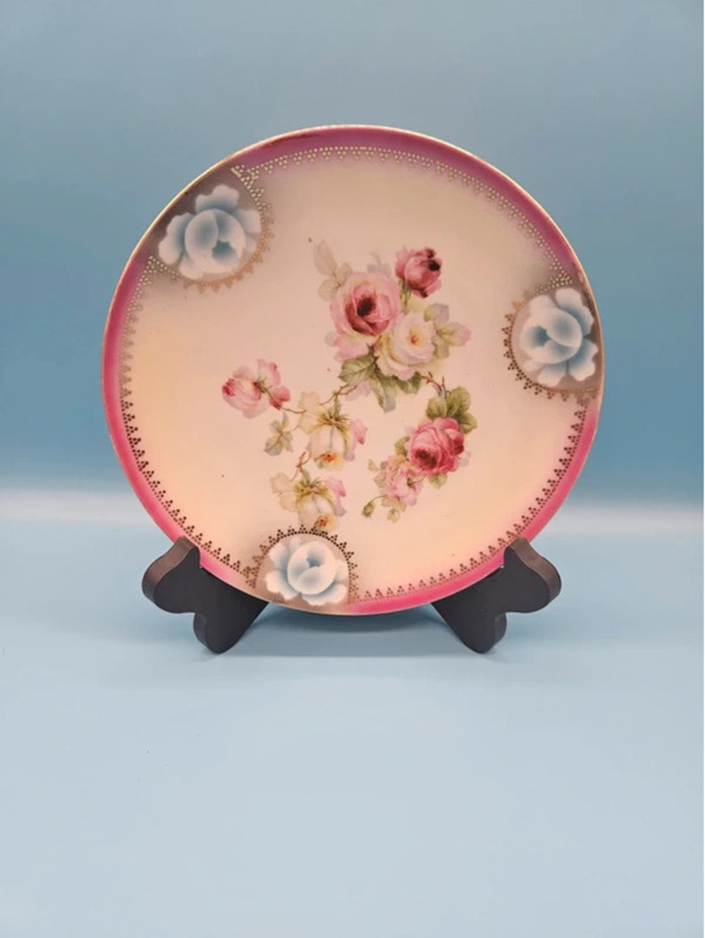 Thuringia Porcelain Decorative Plate – East Germany, Floral Pink/Gold Border